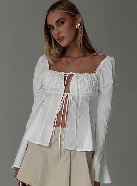 Lilibette Tie Up Long Sleeve Top White Product Image