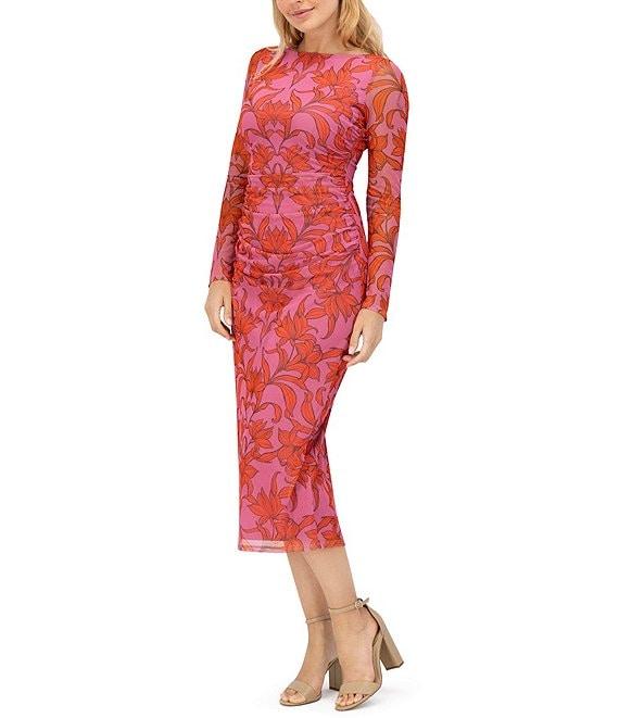 Vince Camuto Mesh Floral Boat Neck Long Sleeve Bodycon Midi Dress Product Image