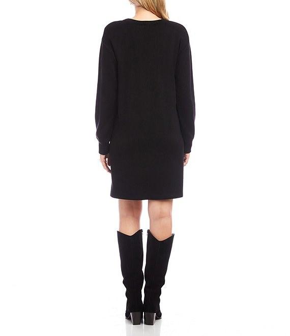 Karen Kane Petite Size Knit Long Sleeve V-Neck Button Detail Dress Product Image