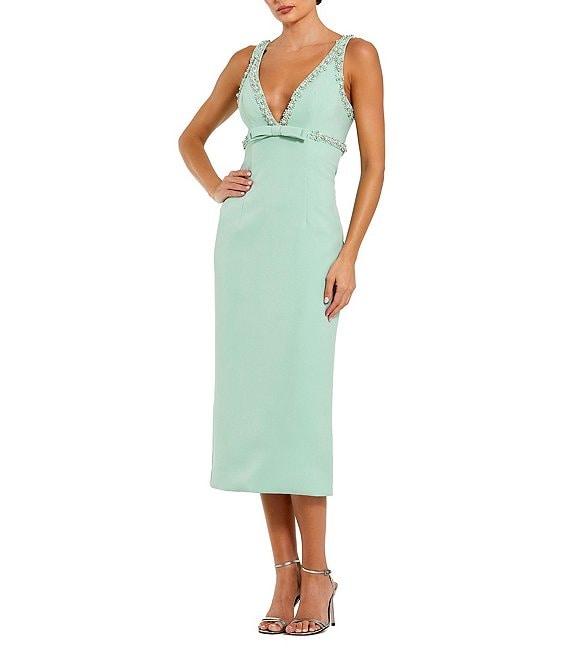 Mac Duggal Double V-Neck Bow Front Beaded Trim Sheath Crepe Midi Dress Product Image