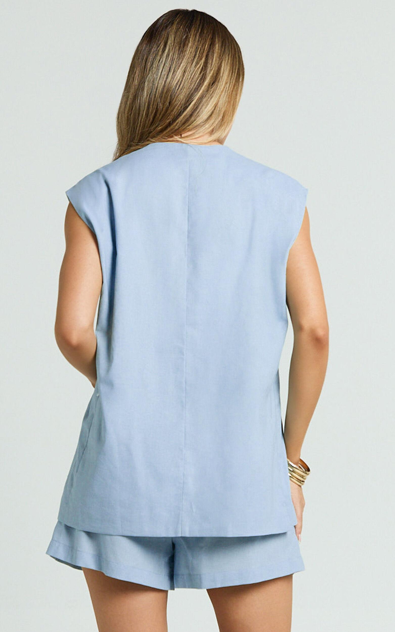 Marlee Two Piece Set - Linen Button Through Vest and Shorts Set in Blue Product Image
