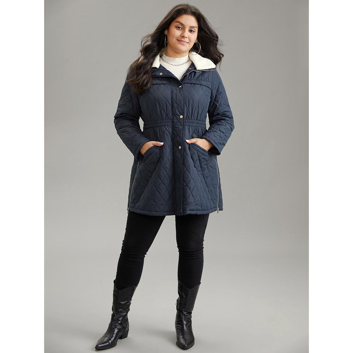 Plus Size Patchwork Padded Fuzzy Trim Zipper Quilted Coat Women Indigo Casual Lined Ladies Everyday Winter Coats BloomChic 26/4X Product Image