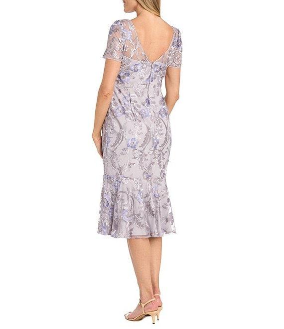 R & M Richards Short Sleeve Illusion Crew Neck Floral Embroidered Flounce Hem Sheath Dress Product Image
