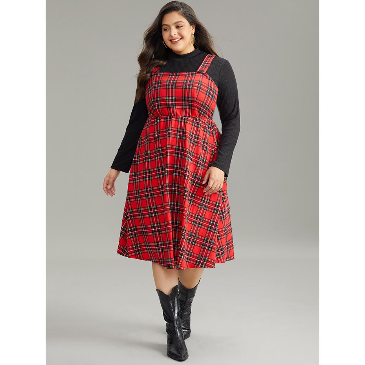 Plus Size Plaid Button Up Adjustable Straps Dress Red Women Casual Adjustable Straps Spaghetti Strap Sleeveless Curvy Midi Dress BloomChic 22-24/3X Product Image