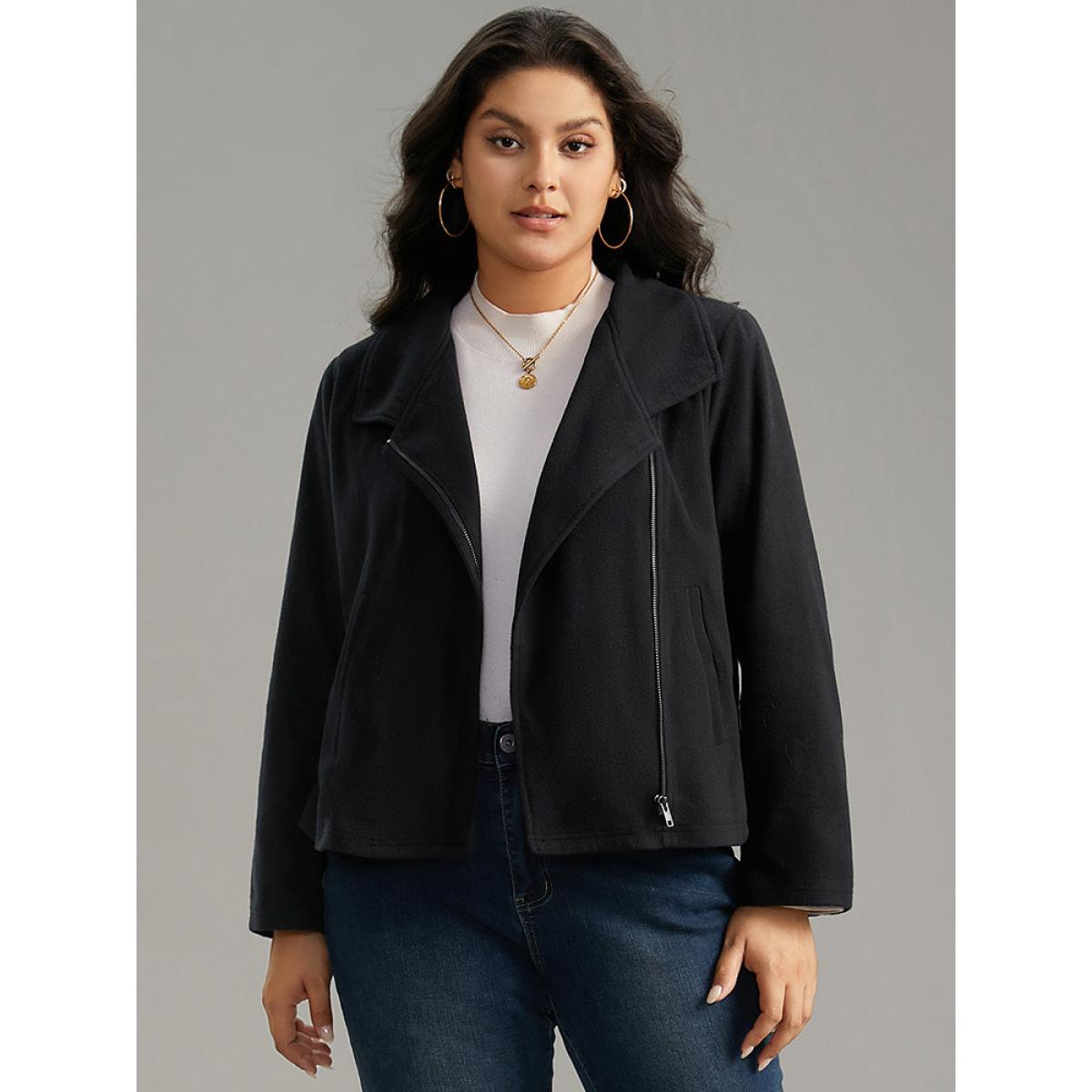 Plus Size Solid Lapel Collar Zipper Jacket Women Black Plain Pocket Everyday Jackets BloomChic 18-20/2X Product Image