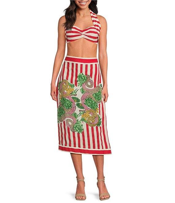 Mo Maya Red Stripe Print Halter Sweetheart Neckline Sleeveless Coordinating Bra Top Product Image