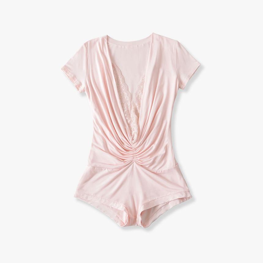 Short-Sleeve V-Neck Plain Lace Panel Slim Fit Romper Product Image