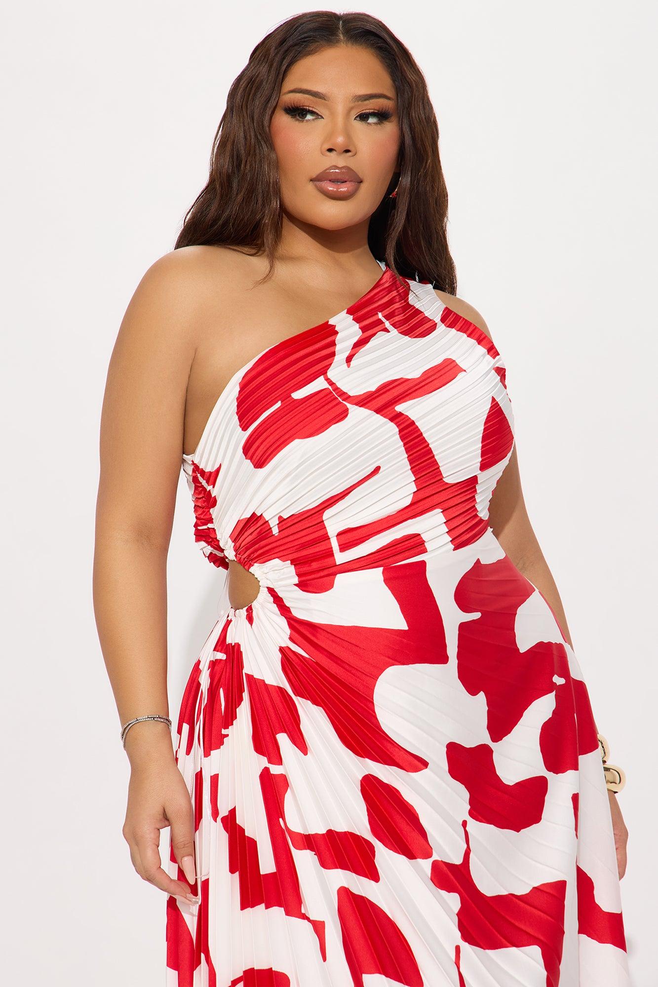 Tia Satin Midi Dress - Red/White Product Image