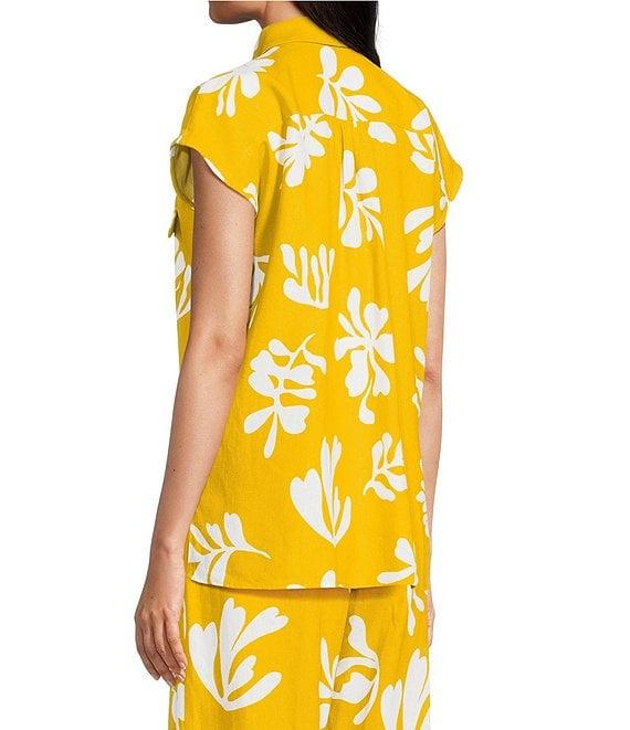 Marella Coordinating Addotto Linen-Blend Summer Leaf Print Point Collar Short Sleeve Patch Pocket Blouse Product Image