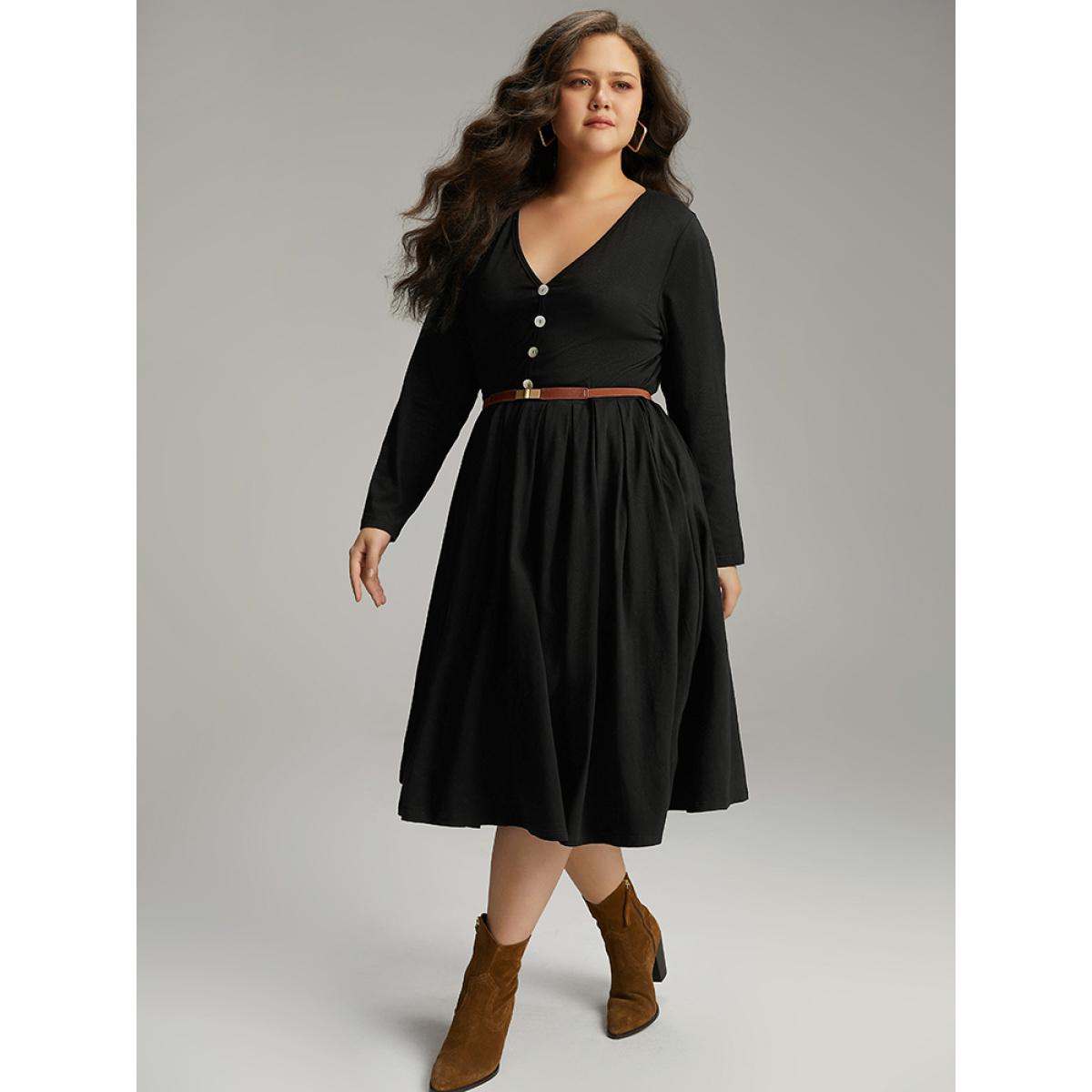 Plus Size Cotton Solid Button Detail Pocket Pleated Dress Black Women Casual Plain V-neck Long Sleeve Curvy Midi Dress BloomChic 22-24/3X Product Image