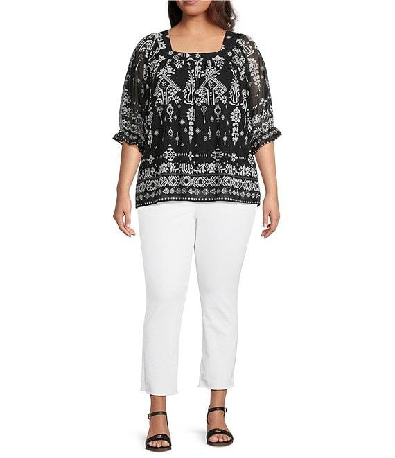 Calessa Plus Size Mesh Knit Abstract Mosaic Square Neck Elbow Puff Sleeve Blouse Product Image