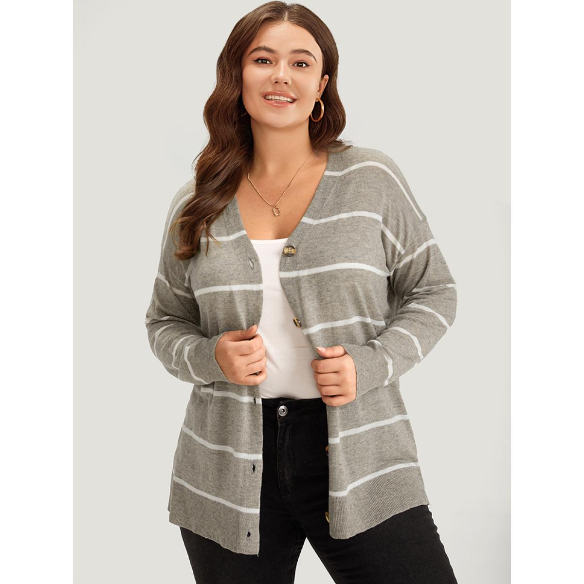 Plus Size Supersoft Essentials Striped Button Through Elastic Cuffs Cardigan DarkGray Women Casual Loose Long Sleeve Dailywear Cardigans BloomChic 12/L Product Image