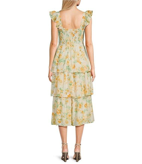 Blu Pepper Sleeveless Smoke Floral Tiered Ruffle Midi Dress Product Image