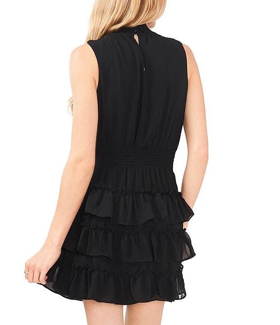 1. STATE Smocked Mock Neck Sleeveless Ruffle Tiered Mini Dress Product Image