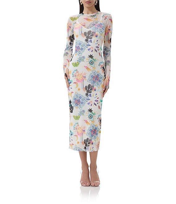 AFRM Ashland Floral Printed Mesh Crew Neck Long Sleeve Sheath Midi Dress Product Image