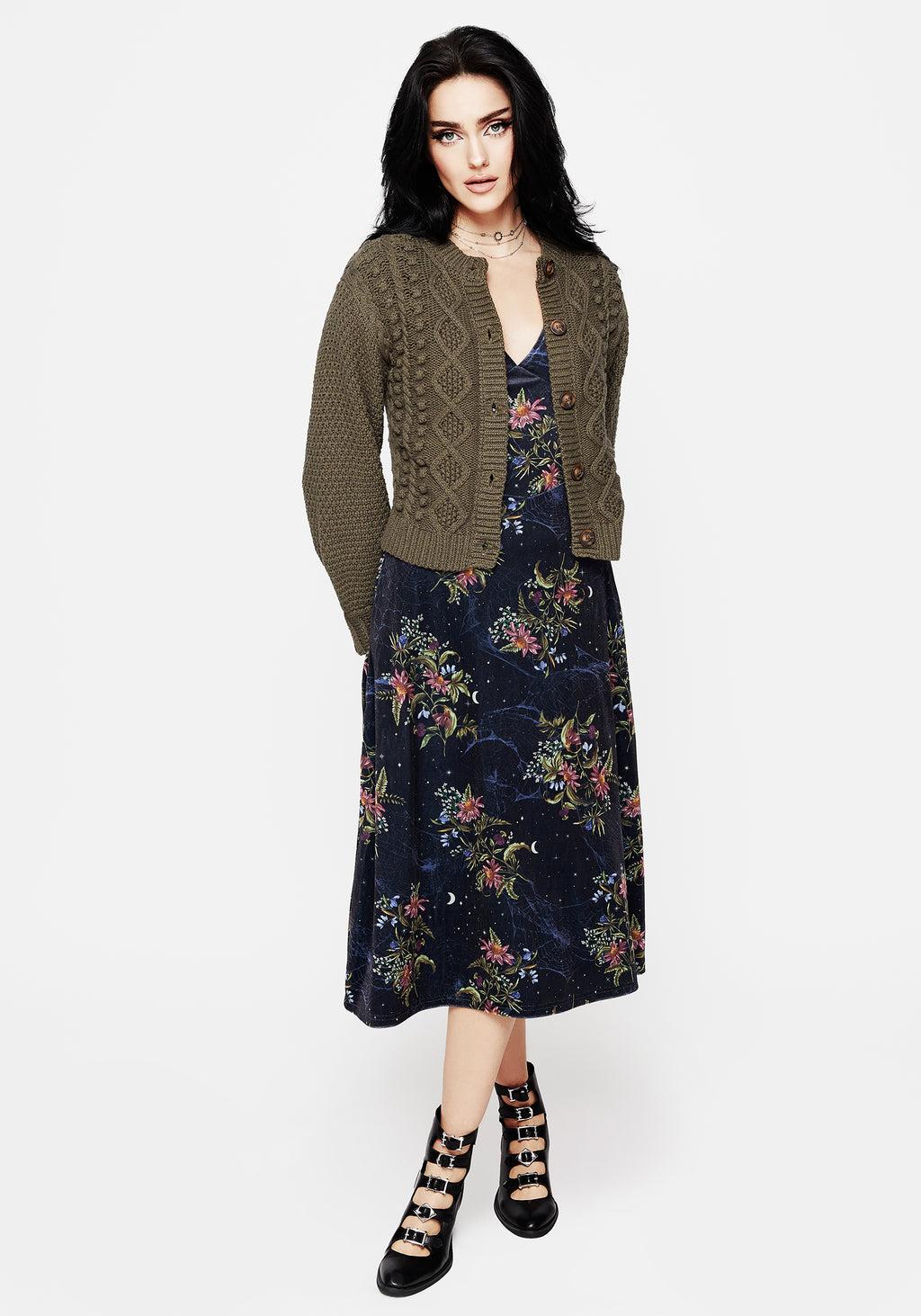 Cleome Floral Spiderweb Velour Corset Midi Dress Product Image