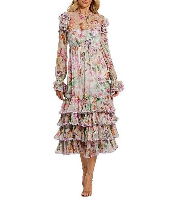 Mac Duggal Keyhole Tie Neck Long Sleeve Tiered Ruffle Printed Chiffon Midi Dress Product Image