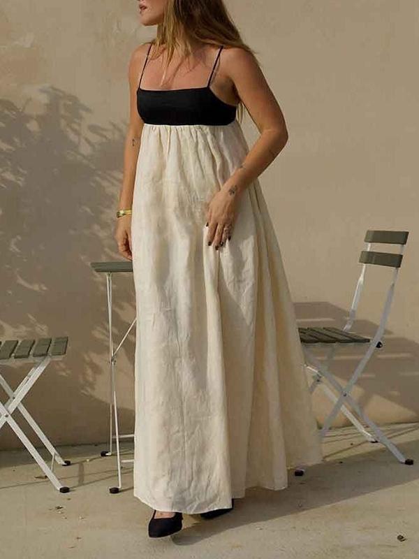 A-Line Loose Contrast Color Pleated Split-Joint Spaghetti-Neck Maxi Dresses Product Image