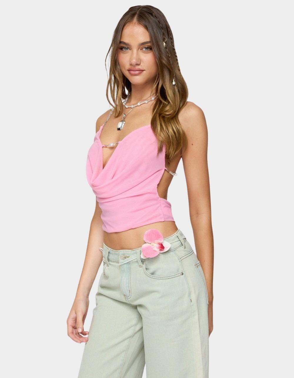 EDIKTED Beaded Deep Cowl Neck Backless Top - PINK Product Image