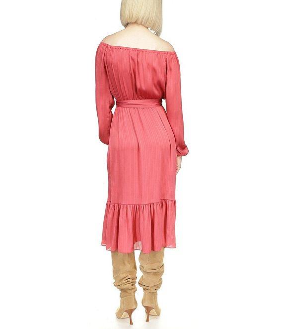 Michael Kors Sheen Stripe Long Sleeve Tie Waist Flounce Hem Midi Dress Product Image