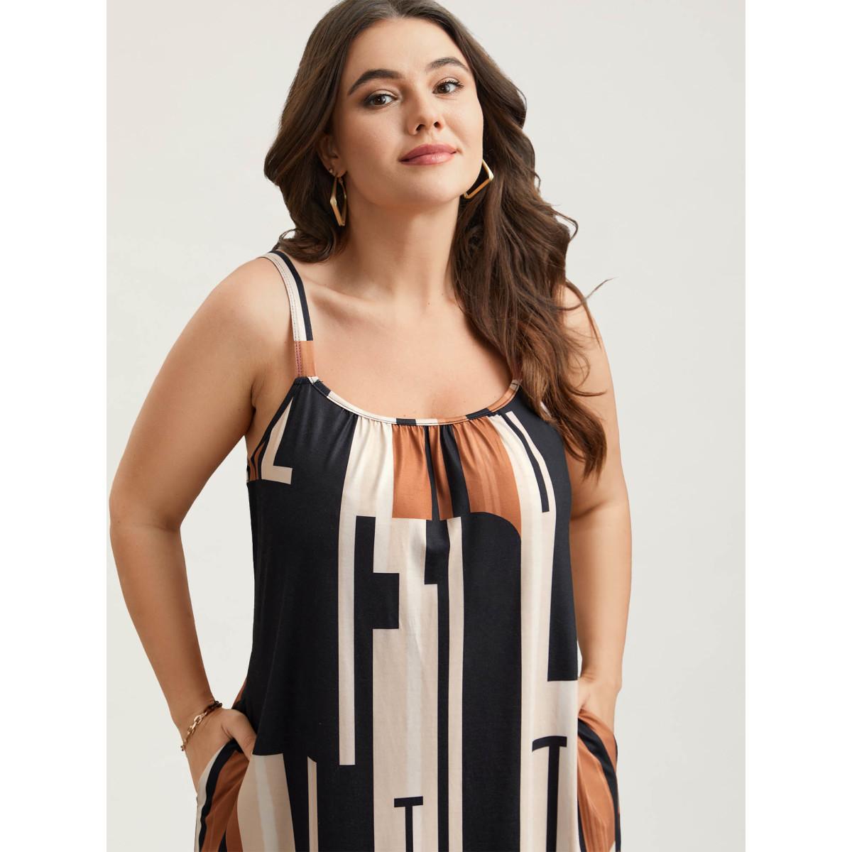 Plus Size Abstract Print Pockets Cami Midi Dress Multicolor Women Casual Gathered Round Neck Sleeveless Curvy BloomChic 14-16/1X Product Image