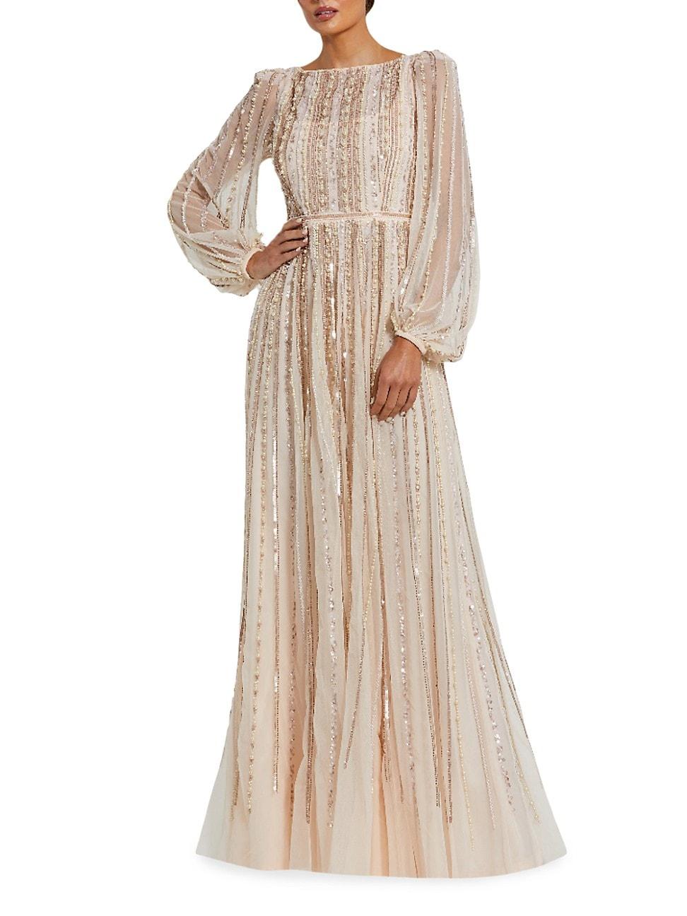 Womens Striped Beaded Chiffon Boatneck Gown Product Image