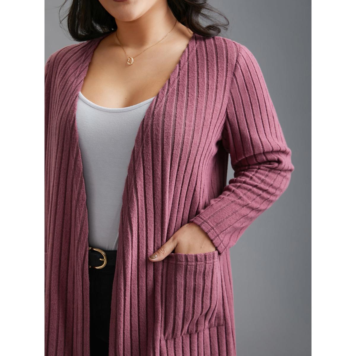 Plus Size Pit Strip Knit Open Front Cardigan Women Beanpastepowder Texture Loose Patch pocket Everyday Jackets BloomChic 26/4X Product Image