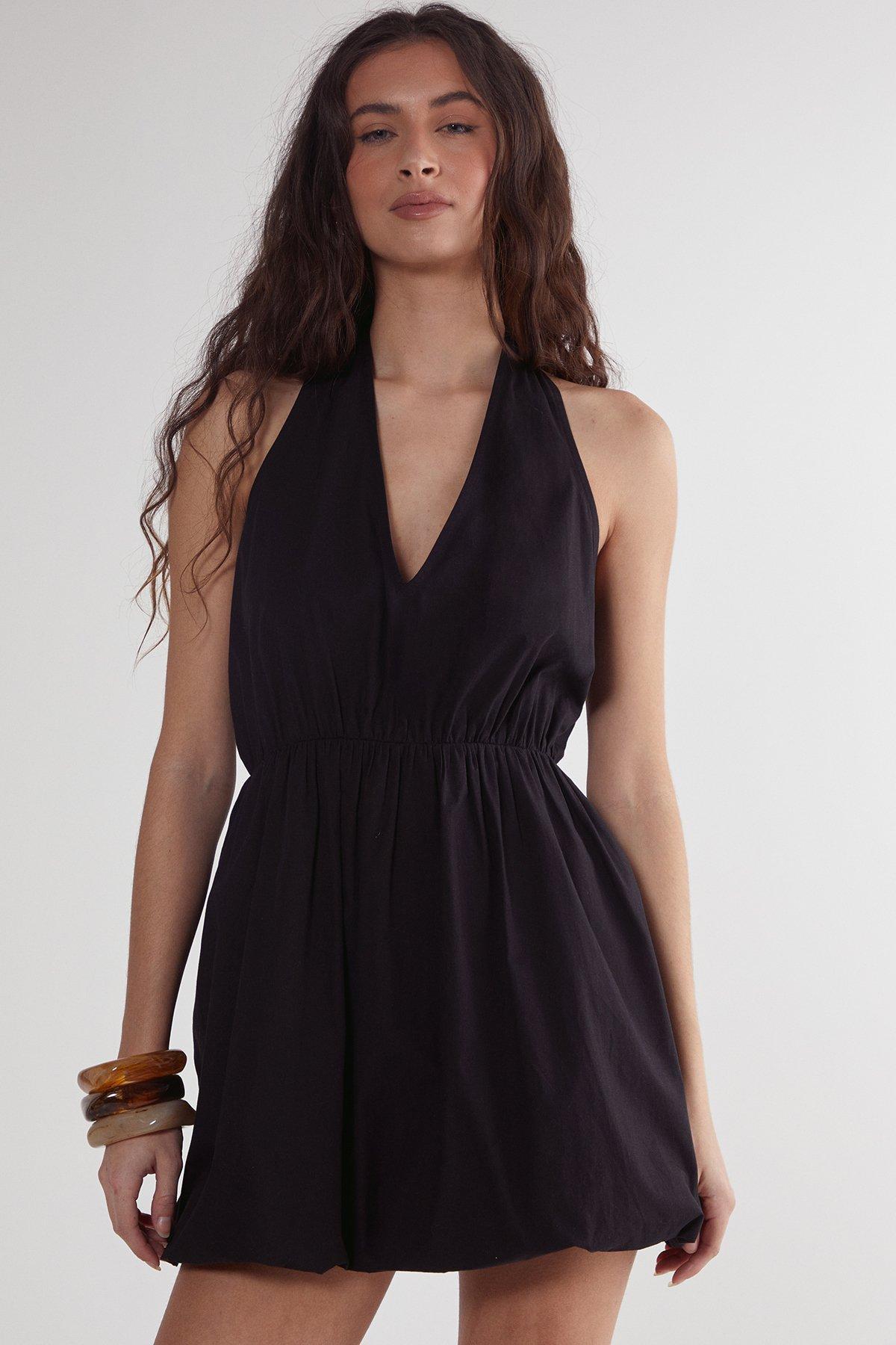 Cotton Poplin Halter Neck Puffball Mini Dress Product Image