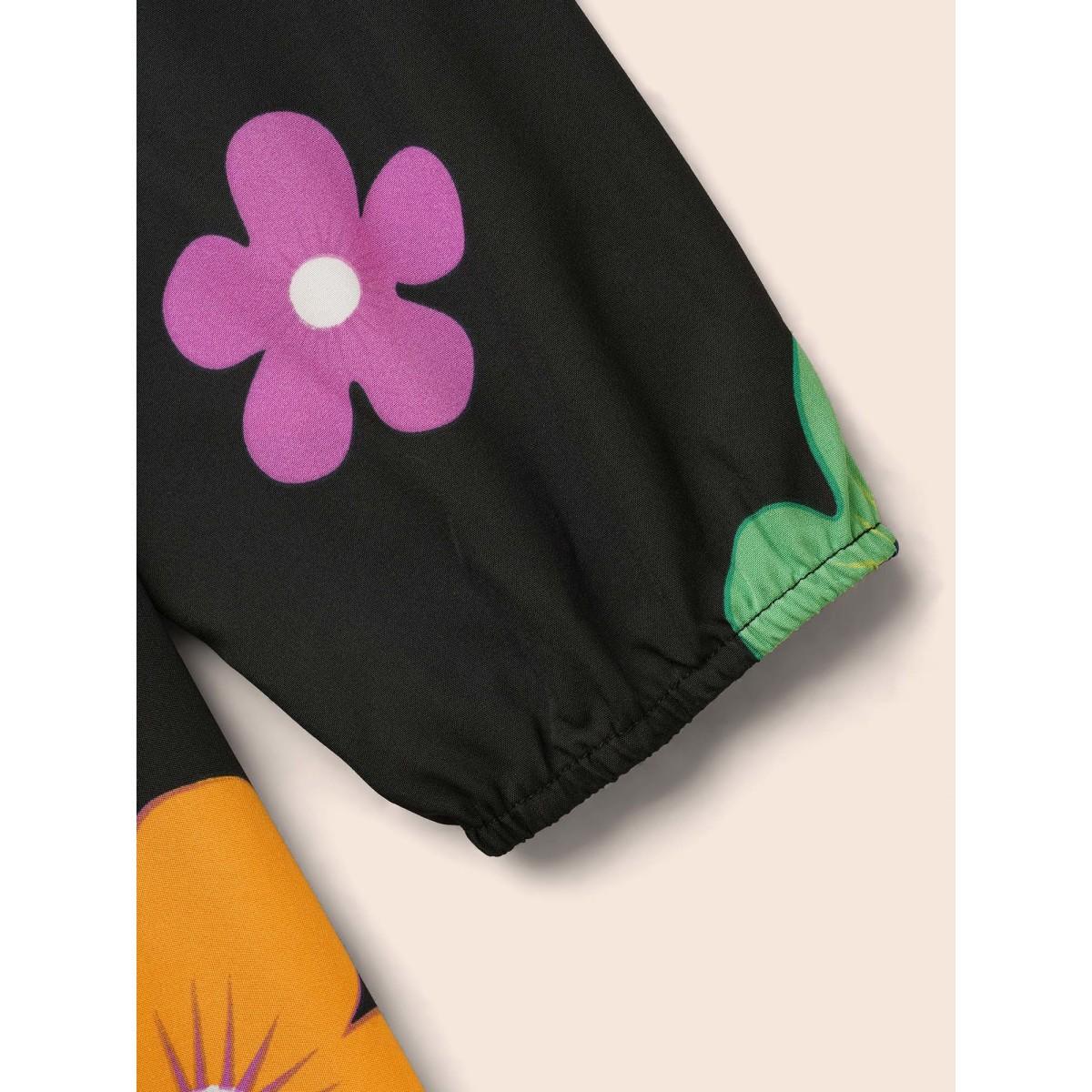 Plus Size Colored Floral Tie Knot Midi Dress Black Women Casual Tie knot Round Neck Long Sleeve Curvy BloomChic 12/L Product Image