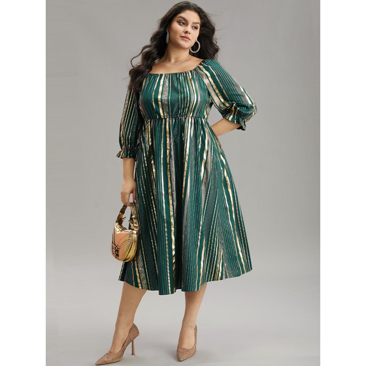 Plus Size Glitter Square Neck Pocket Elastic Waist Dress Cyan Women Party Gathered Square Neck Elbow-length sleeve Curvy Midi Dress BloomChic 10/M Product Image