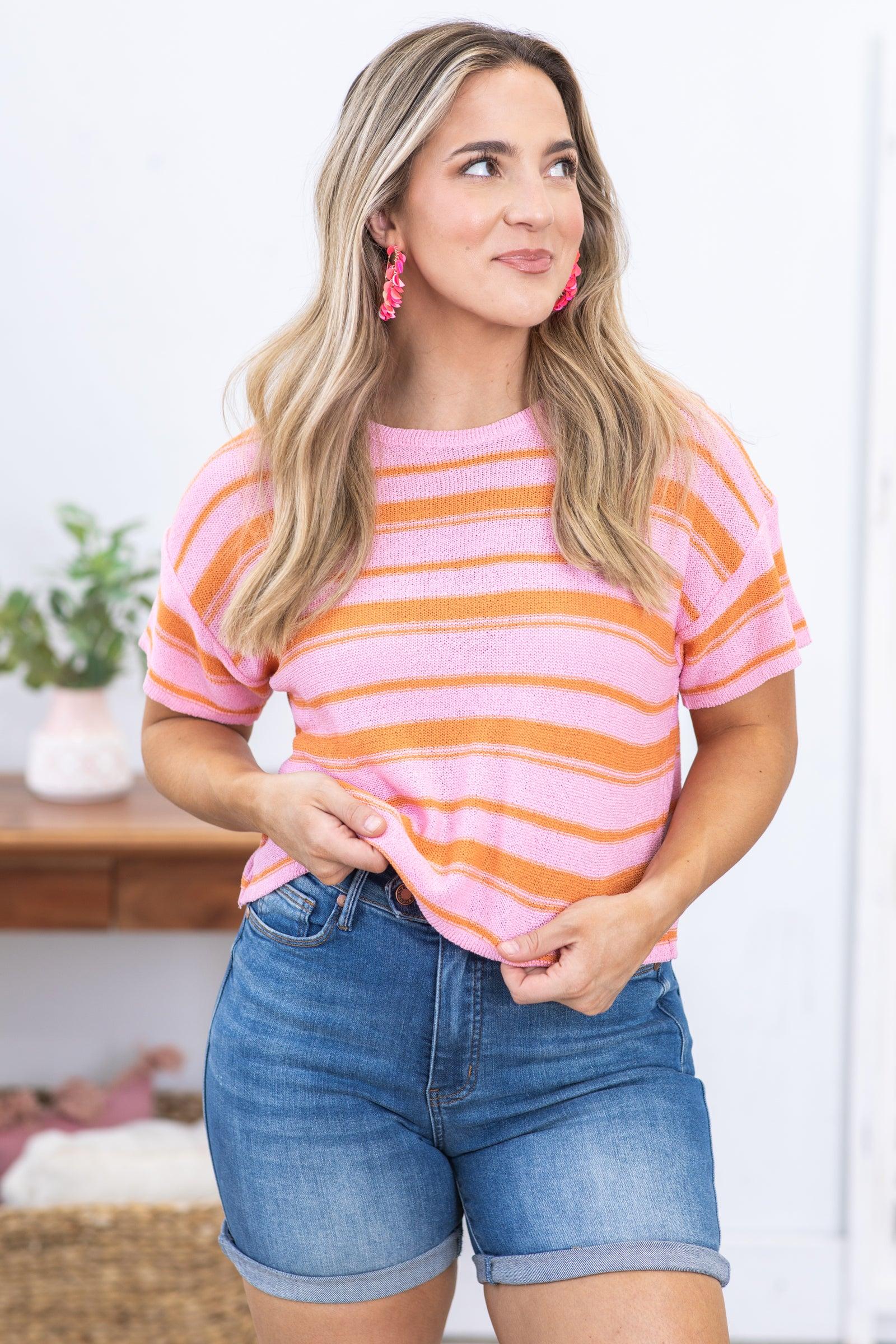 Pink and Orange Lightweight Stripe Sweater Product Image