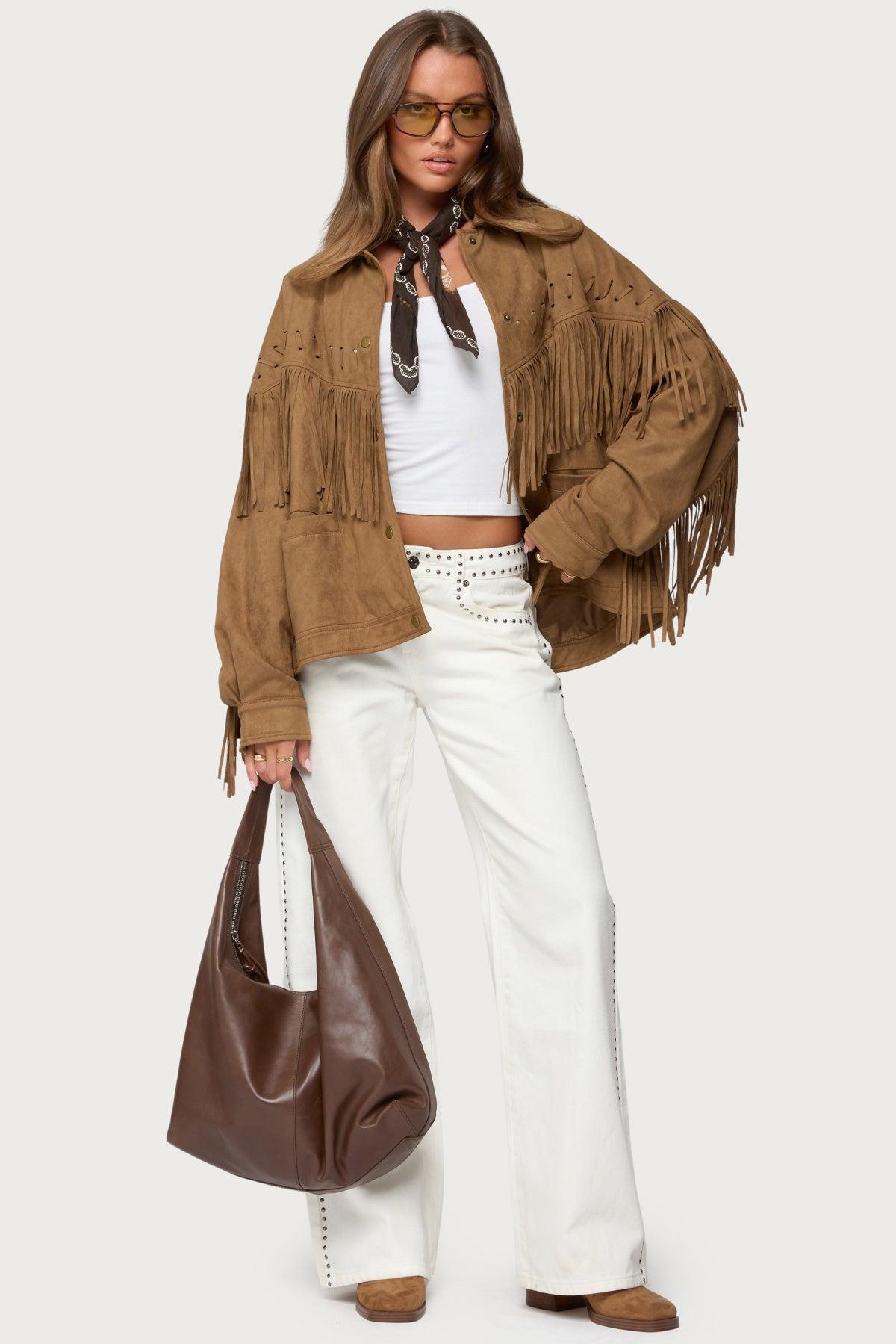 Evonka Fringe Faux Suede Jacket Product Image