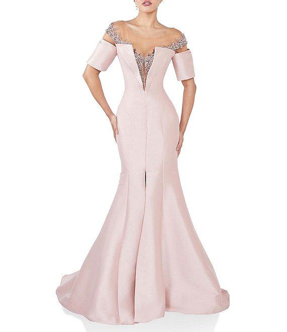 Terani Couture Illusion Off Shoulder Stretch Mikado Mermaid Gown Product Image
