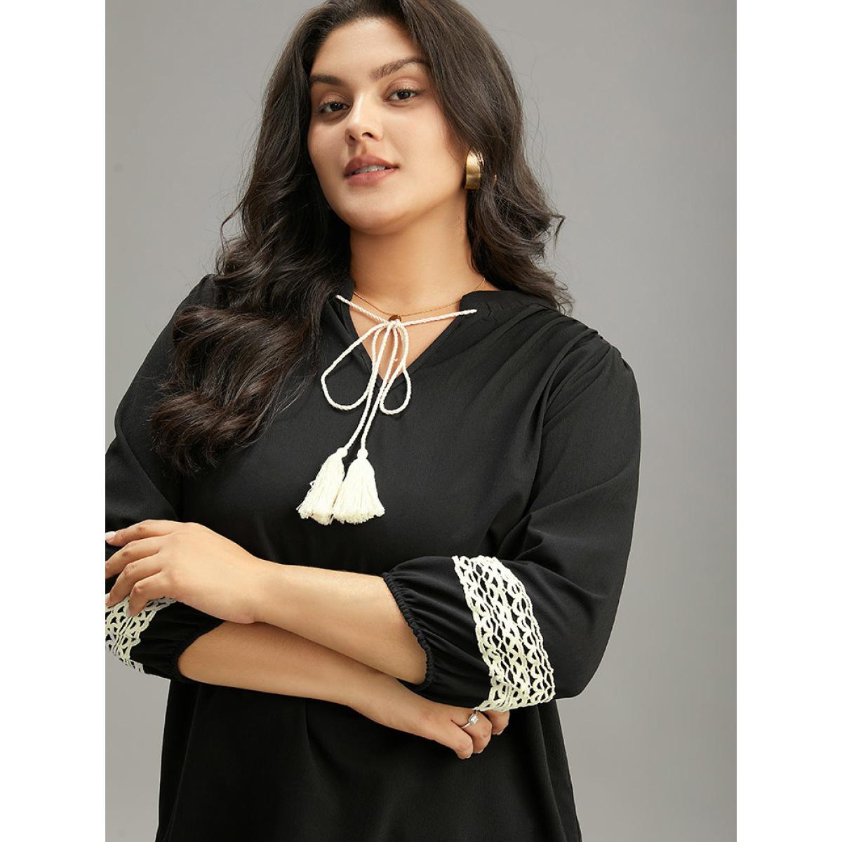 Plus Size Black Patchwork Tassel Trim Knot Lantern Sleeve Blouse Women Vacation Long Sleeve V-neck Dailywear Blouses BloomChic 14-16/1X Product Image