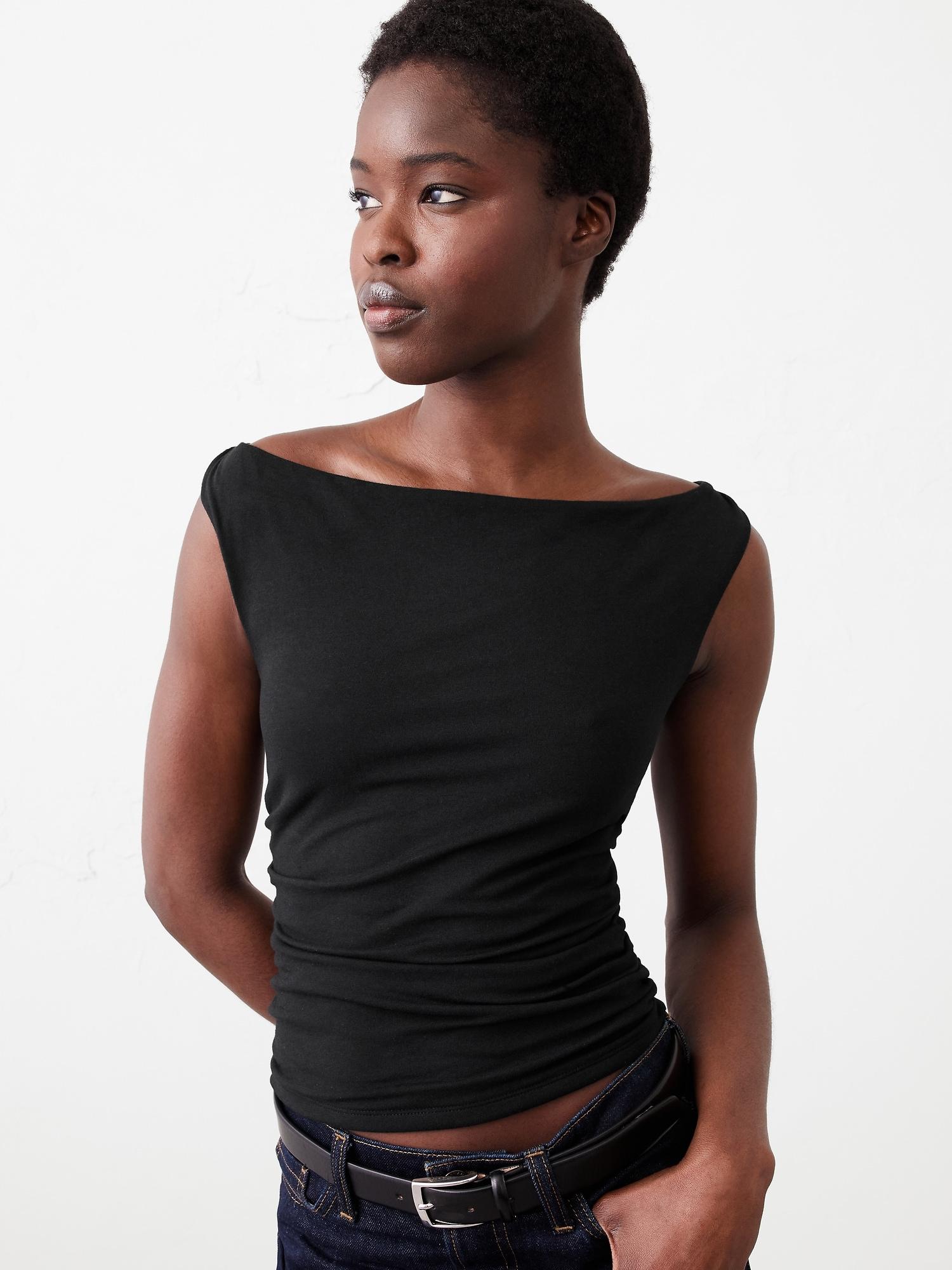 Soft Stretch Shirred-Waist Boat-Neck Top Product Image