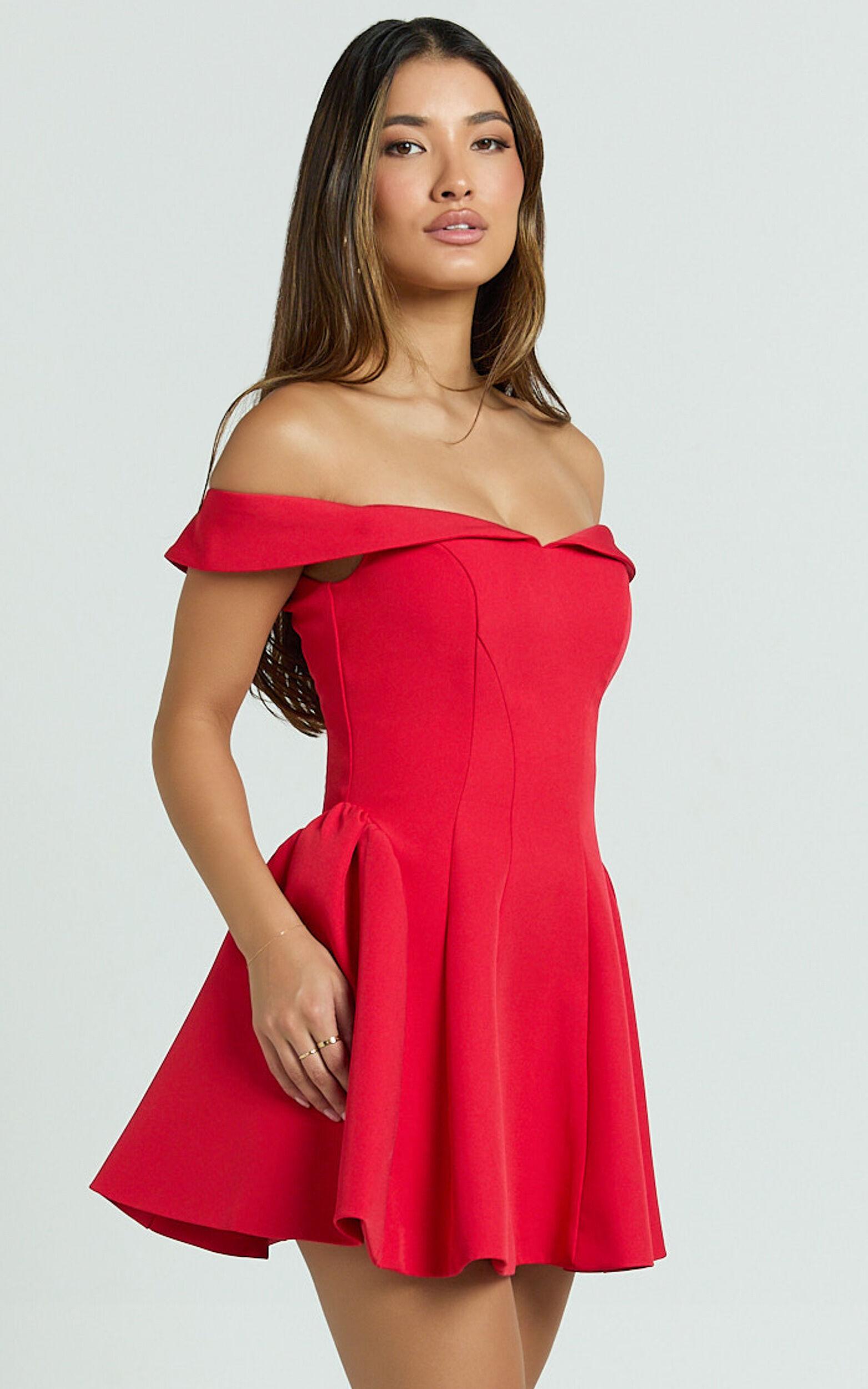 Rosabel Mini Dress - Off Shoulder Fit And Flare Dress in Red Product Image