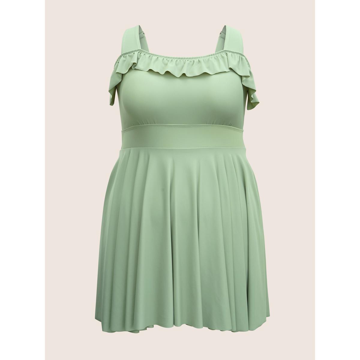 Plus Size Solid Ruffles Gathered Adjustable Straps Swim Dress Women's Swimwear LightGreen Beach Bodycon Strapless High stretch Curve Swim Dresses BloomChic 10/M Product Image