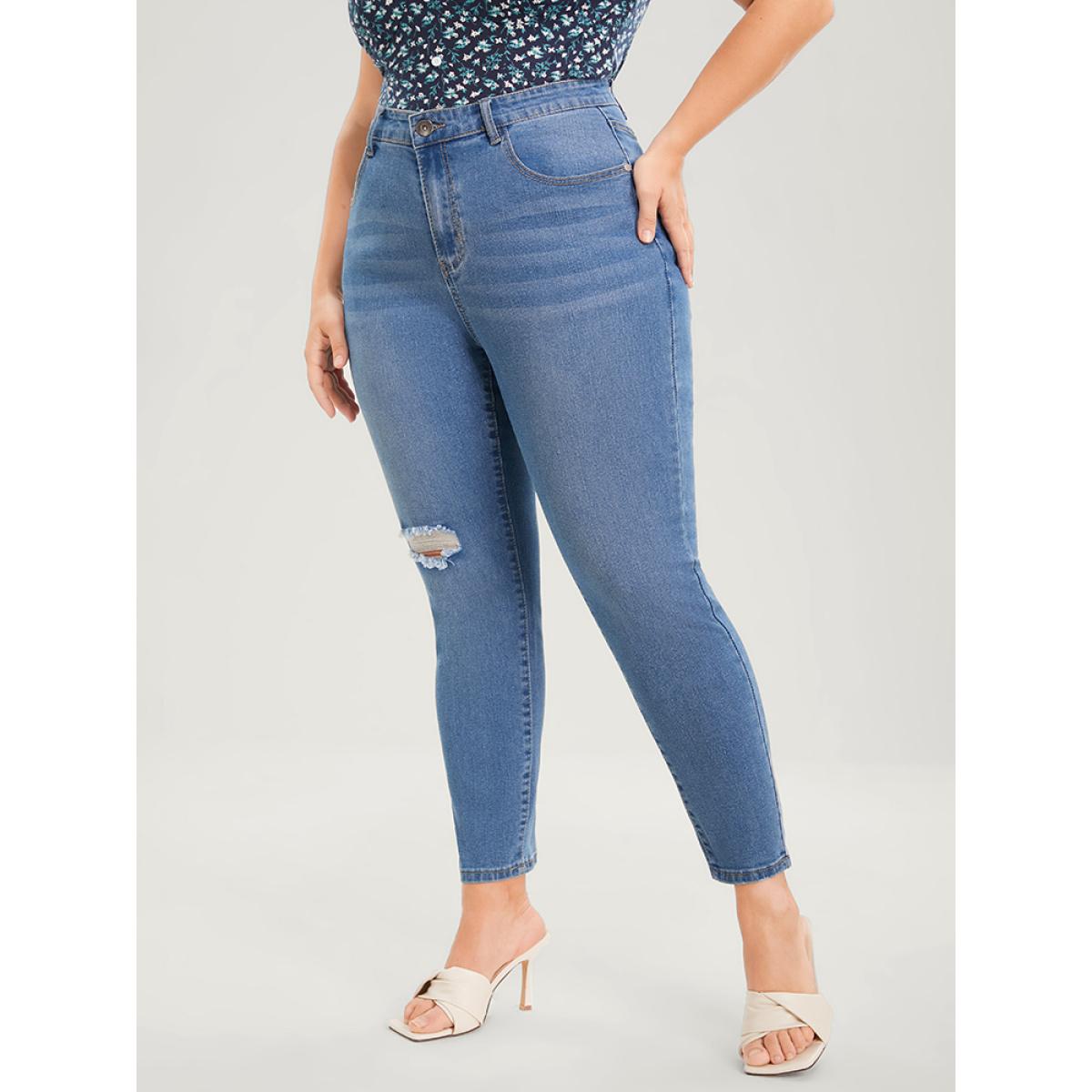 Plus Size Skinny Very Stretchy High Rise Medium Wash Distressed Ankle Jeans Women Blue Casual Plain Plain High stretch Pocket Jeans BloomChic 30/6X Product Image