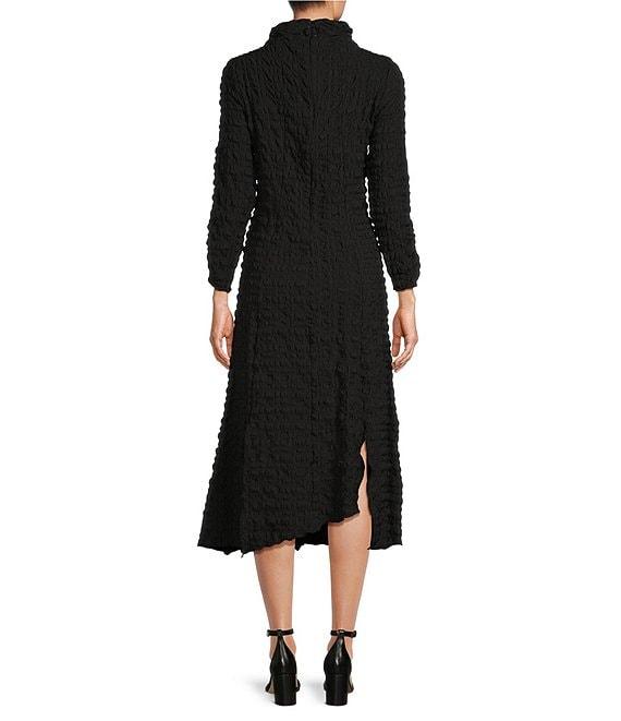 IC Collection Textured Bubble Check Pucker Woven Mock Neck 3/4 Sleeve Asymmetrical Hem Midi A-Line Dress Product Image
