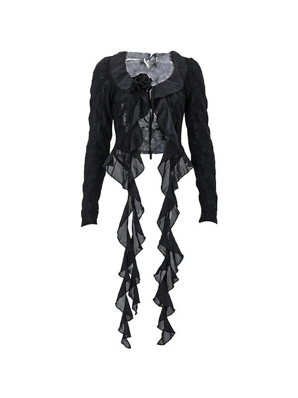 Tie Front Ruffles Flower Trim  Long Sleeves Blouse Product Image
