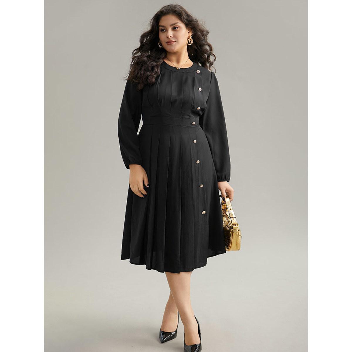 Plus Size Static-Free Metal Detail Plicated Detail Dress Black Women Office Elastic cuffs Round Neck Long Sleeve Curvy Midi Dress BloomChic 10/M Product Image