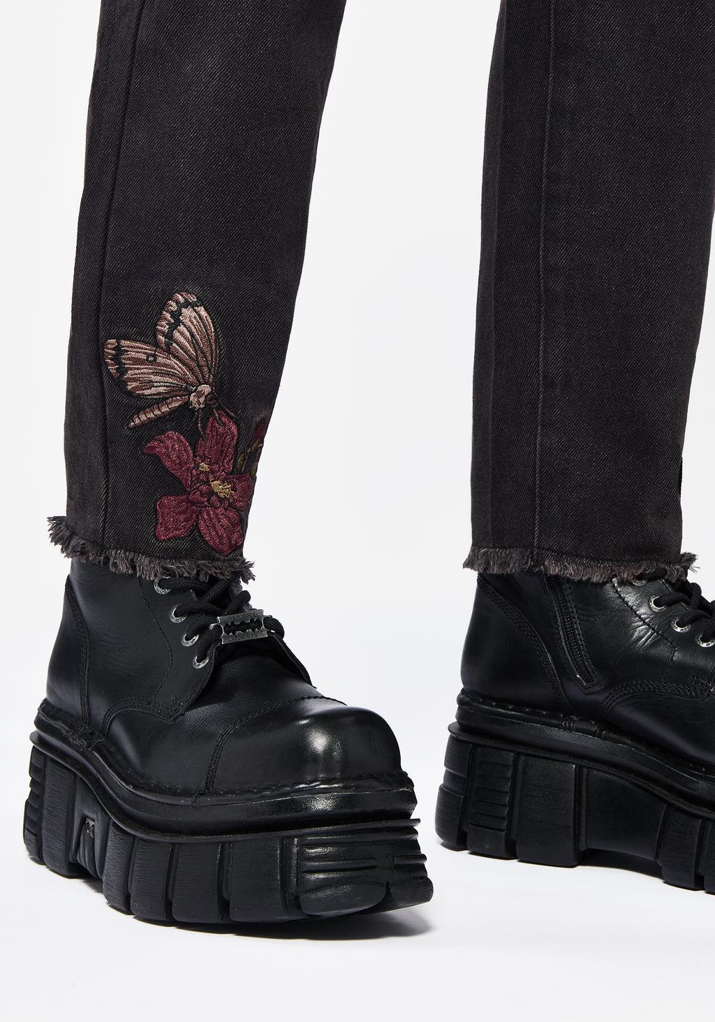 Valeria Floral Moth Embroidered Mom Jeans Product Image