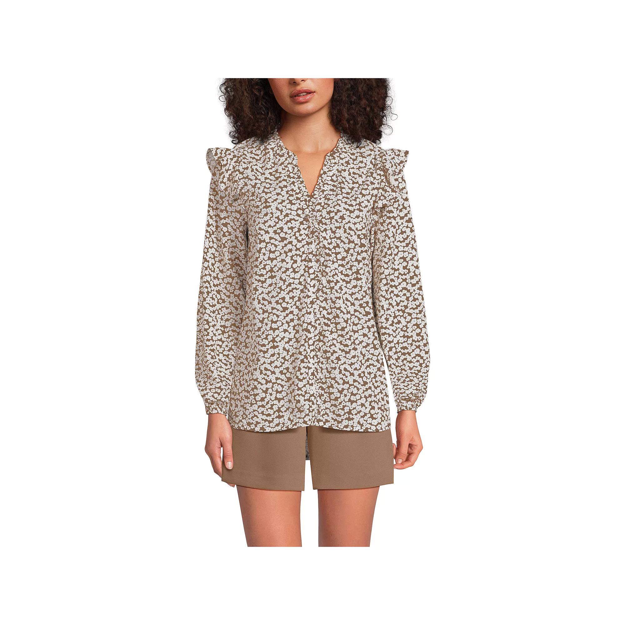 Women's Lands' End Cotton Voile Ruffle Shirt, Size: Medium, Beige Tossed Blooms Product Image