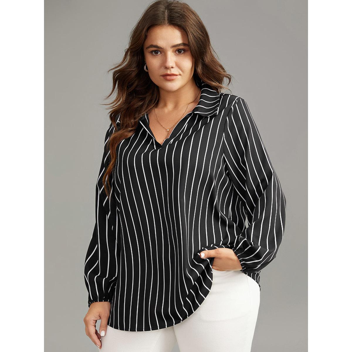 Plus Size Black Striped Shirt Collar Lantern Sleeve Blouse Women Office Long Sleeve Shirt collar Office Blouses BloomChic 30/6X Product Image