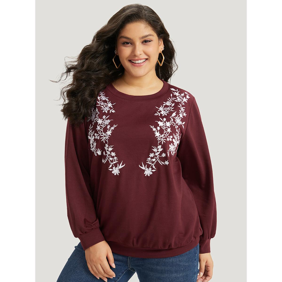 Plus Size Silhouette Floral Print Embroidered Crew Neck Sweatshirt Women Burgundy Casual Elastic cuffs Round Neck Dailywear Sweatshirts BloomChic 12/L Product Image