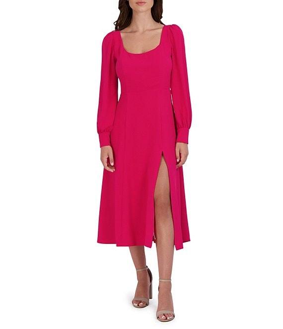Julia Jordan Scoop Neck Long Puff Sleeve Thigh High Slit Midi Dress Product Image