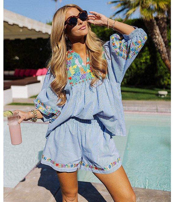 J.Marie Tristen Embroidered Striped Pull-On Coordinating Shorts Product Image