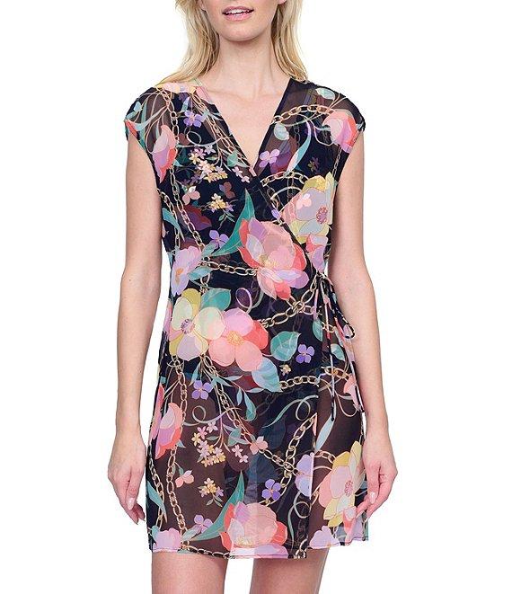Gottex Semi Sheer Floral Print Surplice V-Neck Cap Sleeve Tie Waist Wrap Dress Swim Cover-Up Product Image