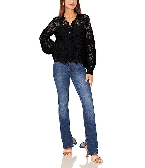 Vince Camuto Point Collar Long Bishop Sleeve Scalloped Hem Embroidered Lace Button Front Blouse Product Image