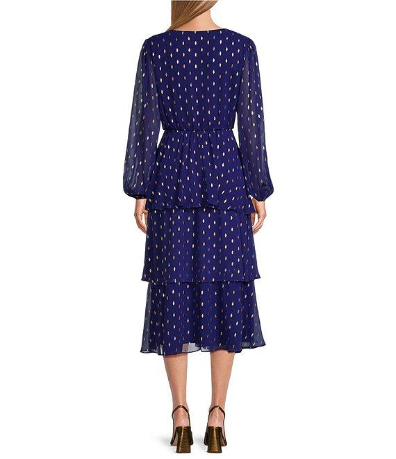 Ignite Evenings Surplice Neck Long Bubble Sleeve Tiered Skirt Gold Foil Dot Midi Dress Product Image